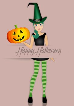 illustration of witch with pumpkin for Happy Halloween