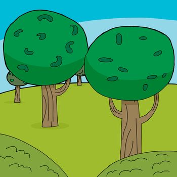 Cartoon green trees in forest nature background