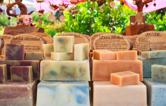 View of homemade soaps in the street market