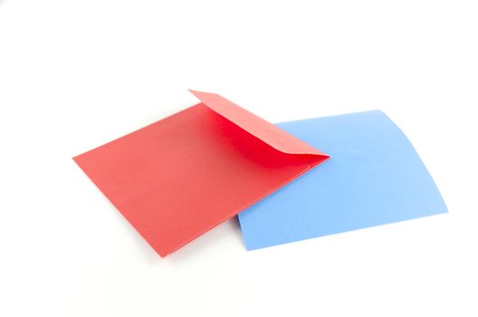 red envelope with blue note on a white background