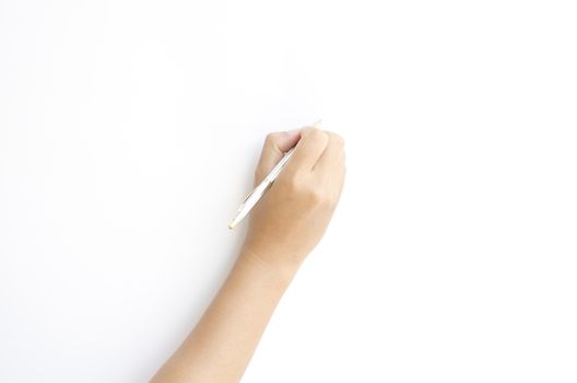 asia woman right hand writing on a white background