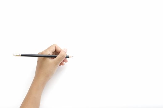 asia woman left hand writing on a white background