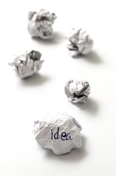 white crumpled paper ball focus idea word on a white background