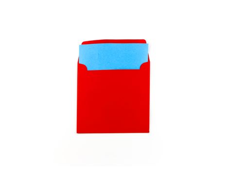 red envelope with blue note on a white background
