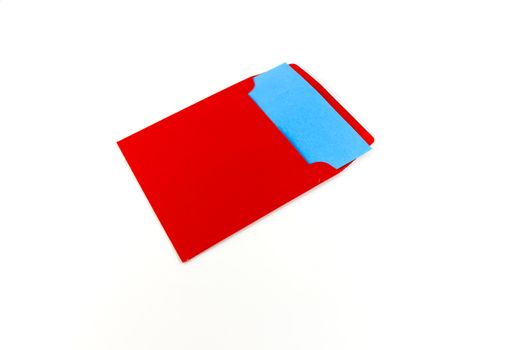 red envelope with blue note on a white background