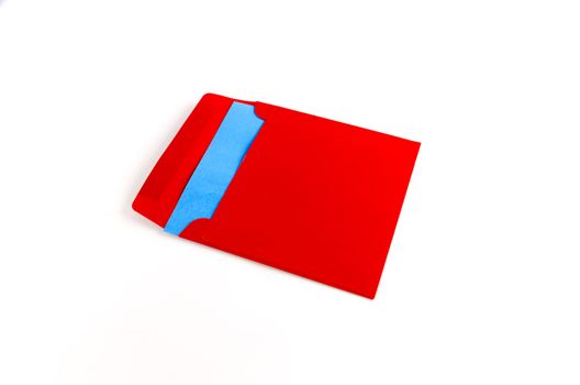 red envelope with blue note on a white background