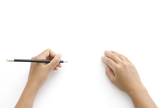 asia woman left hand writing on a white background
