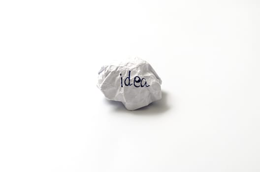 white crumpled paper ball focus idea word on a white background