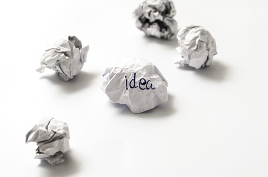 white crumpled paper ball focus idea word on a white background