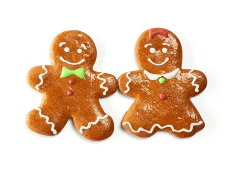 Christmas gingerbread couple cookies isolated on white