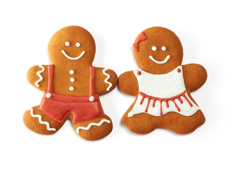Christmas gingerbread couple cookies isolated on white