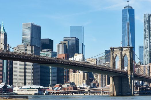 Brooklyn Bridge with lower Manhattan skyline in New York City