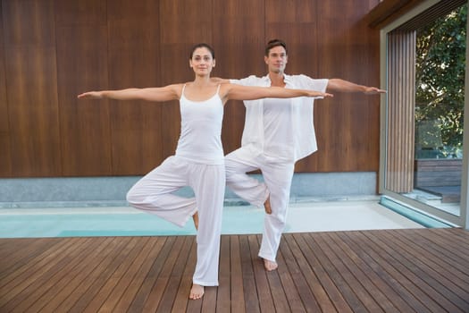 Peaceful couple in white doing yoga together in tree position in health spa