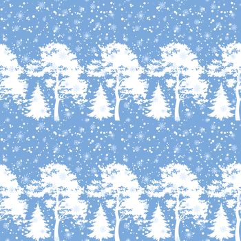 Seamless Christmas background, winter forest with trees silhouettes and snow.