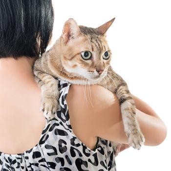 Asian woman hold her cat, closeup portrait.