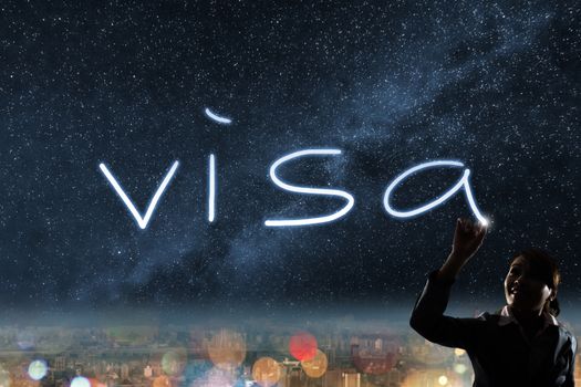 Concept of visa, silhouette asian business woman light drawing.