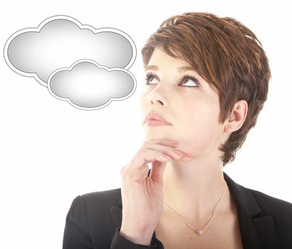 Young woman looking at cloud isolated on white background