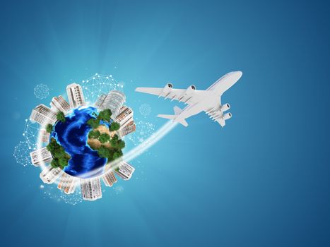 Earth with buildings on surface. Airplane and network icons. Elements of this image are furnished by NASA