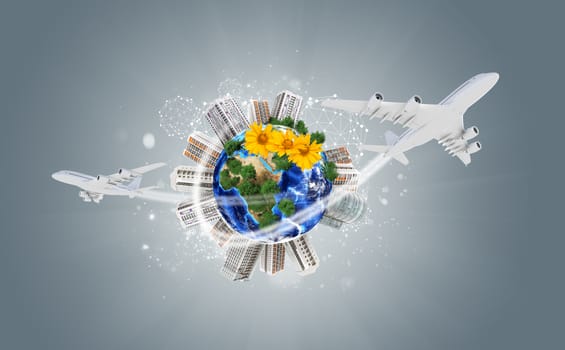 Earth with buildings on surface. Airplanes and network icons. Elements of this image are furnished by NASA