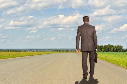 Businessman in suit with briefcase walking on the road ahead. Rear view