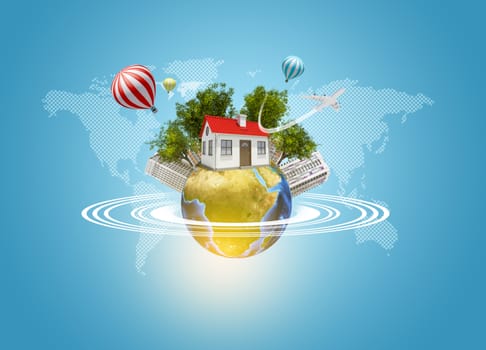 Earth with house, buildings, air balloons, trees and airplane. World map as backdrop. Element of this image furnished by NASA