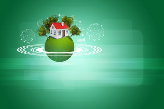 Earth with house, trees and wire-frame spheres. Business concept