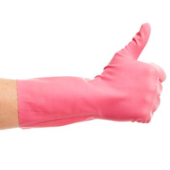 Hand in a pink glove on a white background