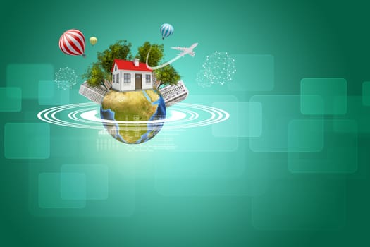 Earth with house, buildings, air balloons, trees and airplane. Rectangles as backdrop. Element of this image furnished by NASA