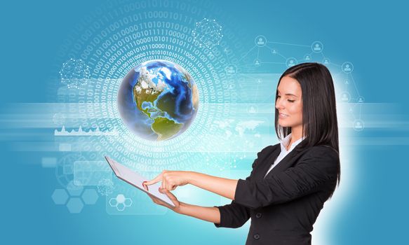 Beautiful businesswomen in suit using digital tablet. Earth with figures, network and rectangles. Element of this image furnished by NASA