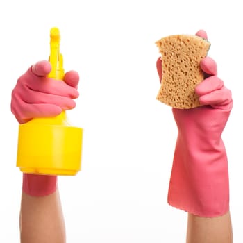 Hand in a pink glove holding spray bottle and sponge isolated over white background