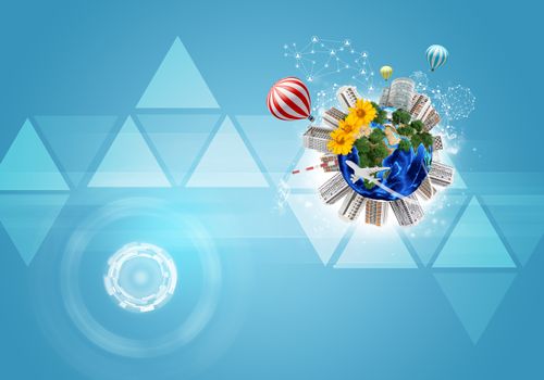 Earth with buildings, flowers, airplane and air balloons. Triangles as backdrop. Element of this image furnished by NASA