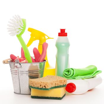 Bright colorful cleaning set isolated on a white background