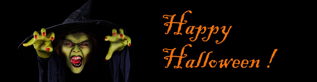 Scary wicked witch trying to catch viewer, Halloween banner