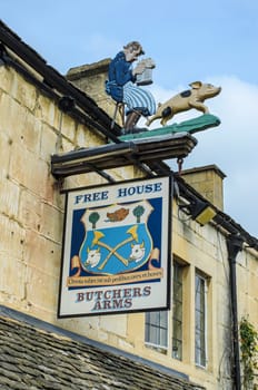 Pub sign of The Butchers Arms  Freehouse and Restaurant in Sheepscombe, the Cotswolds, England, UK.