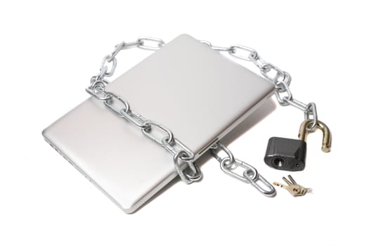 open lock  metal chain and laptop  isolated