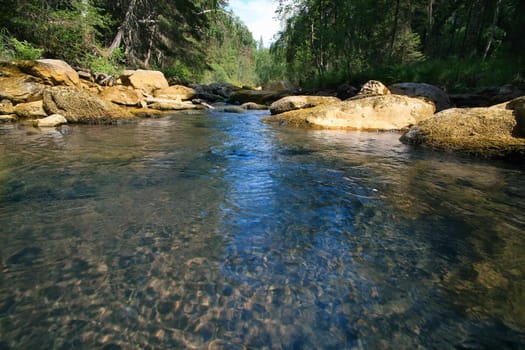  middle of  channel of the small wood river with pure water