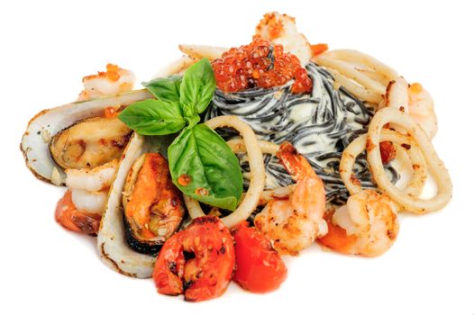 Black Pasta with Calamari Rings, Mussels, Shrimps and Basil