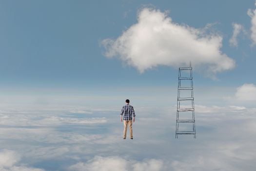 Concept of access to clouds with man and a stair.
