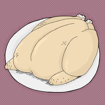 Cartoon whole turkey on tray over purple