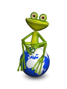 illustration merry green frog on a blue globe