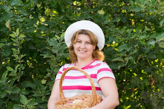 Woman with a basket of apples in the garden