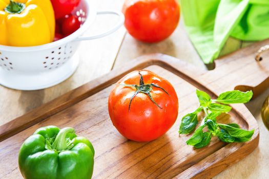 Tomato,Basil and colorful Bell pepper as ingredient for cooking