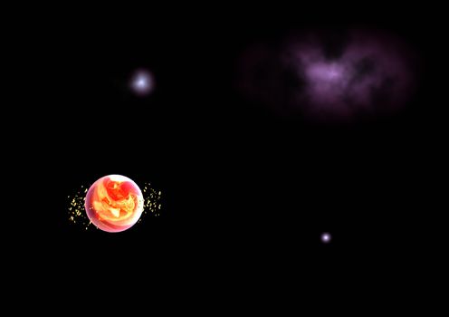 Far-out planets in a space against stars.