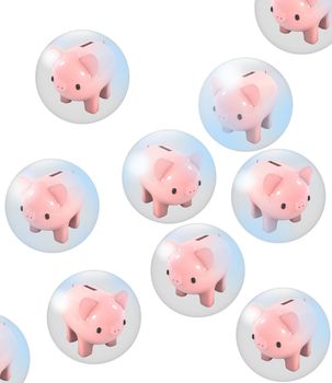 Picture of a group of pink piggy bank closed in bubbles.