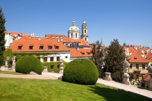 czech republic, prague - 18th century vrtba garden (vrtbovska zahrada) and st. nicholas church