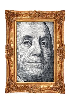 Portrait from hundred dollar banknotes in gold frame