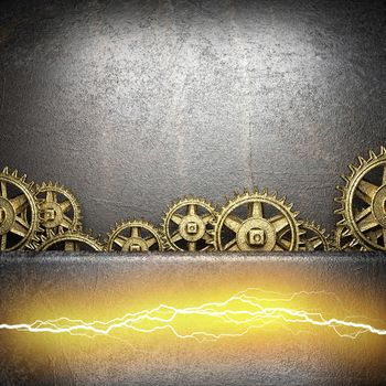 metal background with cogwheel gears and electric lightning