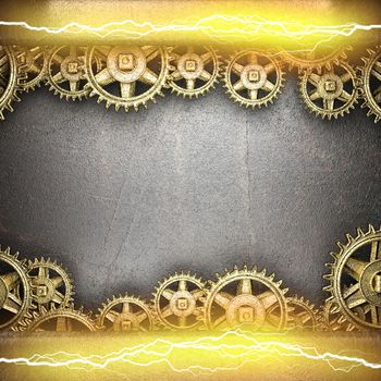 metal background with cogwheel gears and electric lightning