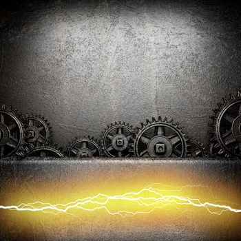 metal background with cogwheel gears and electric lightning