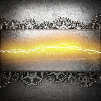 metal background with cogwheel gears and electric lightning